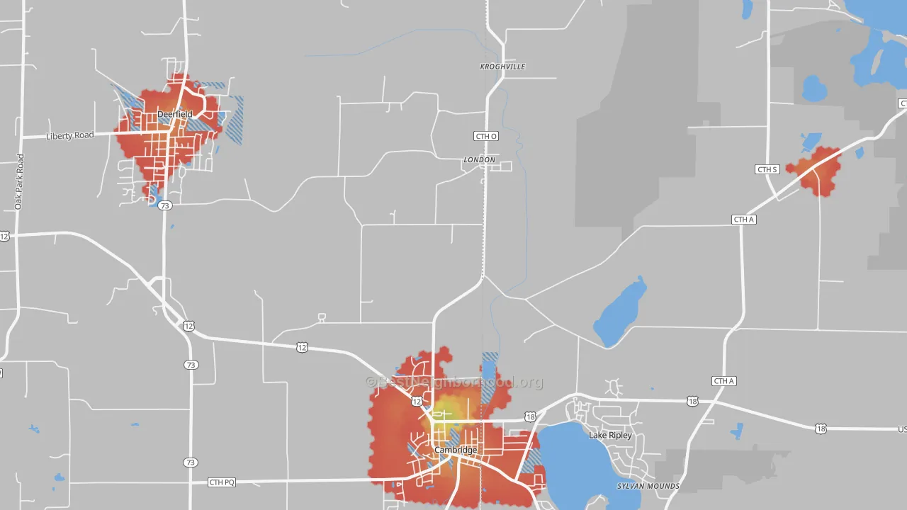 Walk Grade map of London, WI, walkable areas in green and car-dependent areas in red