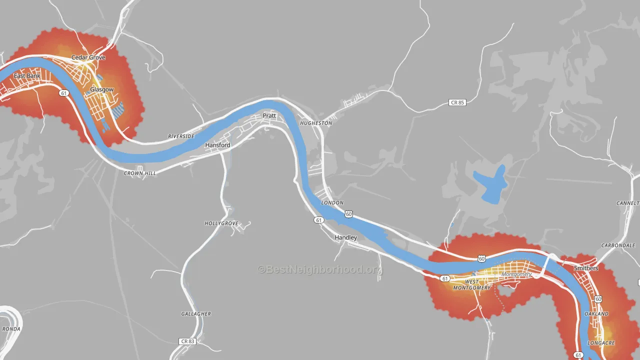 Walk Grade map of London, WV, walkable areas in green and car-dependent areas in red