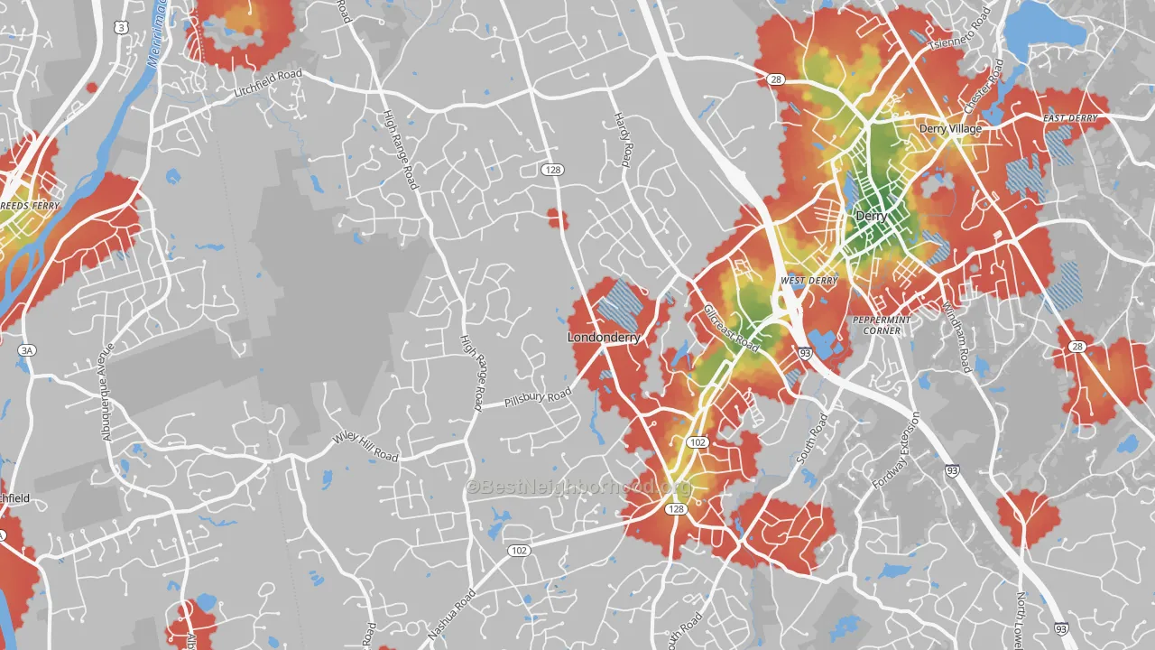 Walk Grade map of Londonderry, NH, walkable areas in green and car-dependent areas in red