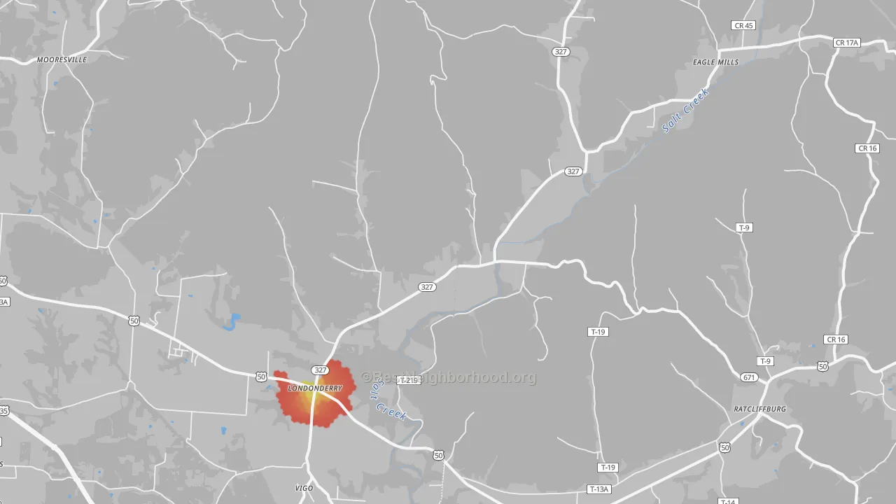 Walk Grade map of Londonderry, OH, walkable areas in green and car-dependent areas in red