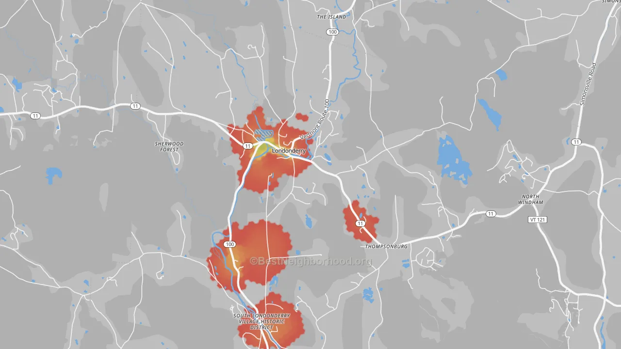 Walk Grade map of Londonderry, VT, walkable areas in green and car-dependent areas in red
