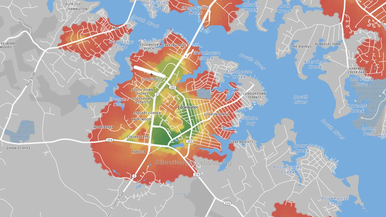 Walk Grade map of Londontowne, Edgewater, MD, walkable areas in green and car-dependent areas in red