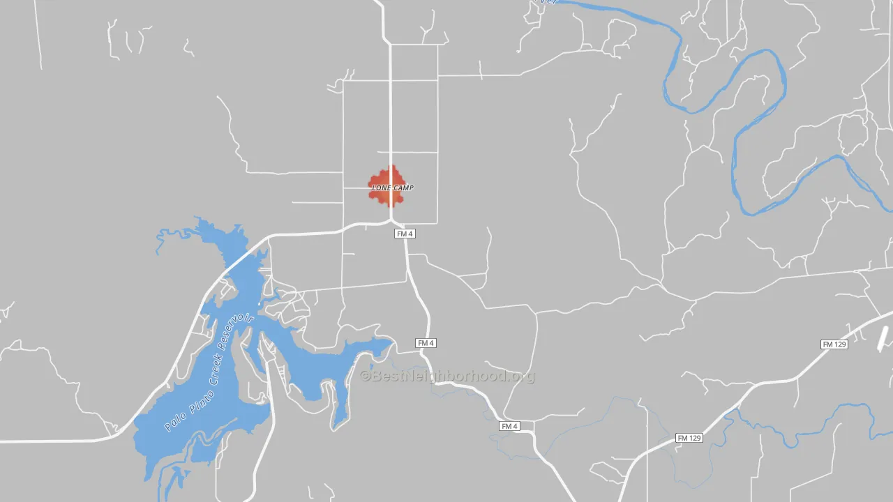 Walk Grade map of Lone Camp, TX, walkable areas in green and car-dependent areas in red