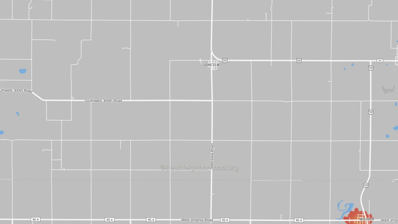 Walk Grade map of Lone Elm, KS, walkable areas in green and car-dependent areas in red