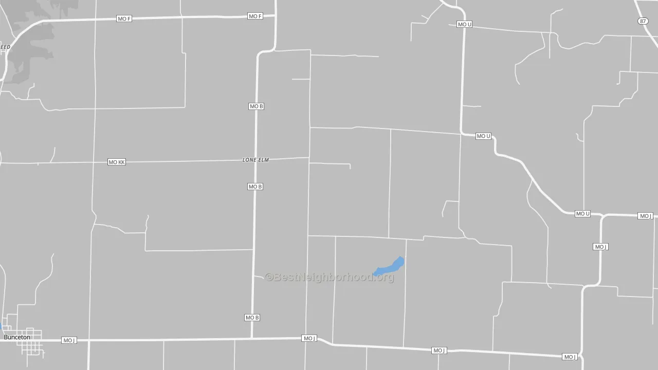 Walk Grade map of Lone Elm, MO, walkable areas in green and car-dependent areas in red