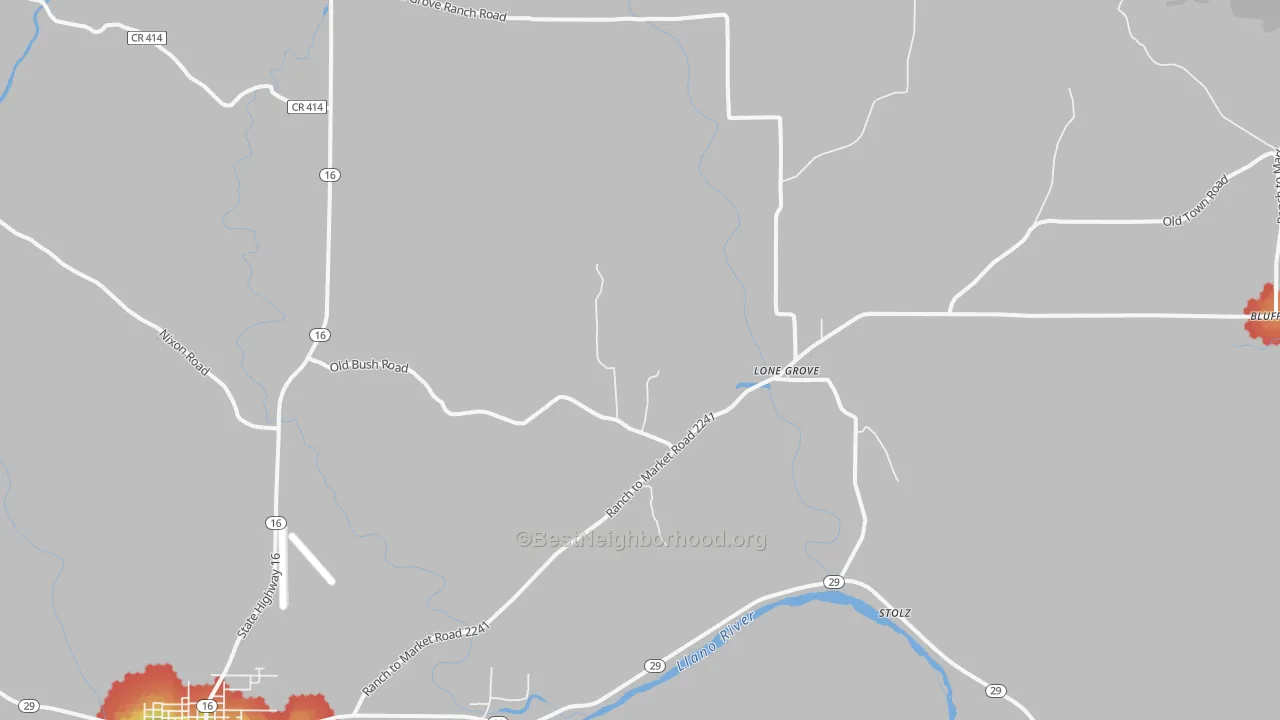 Walk Grade map of Lone Grove, TX, walkable areas in green and car-dependent areas in red