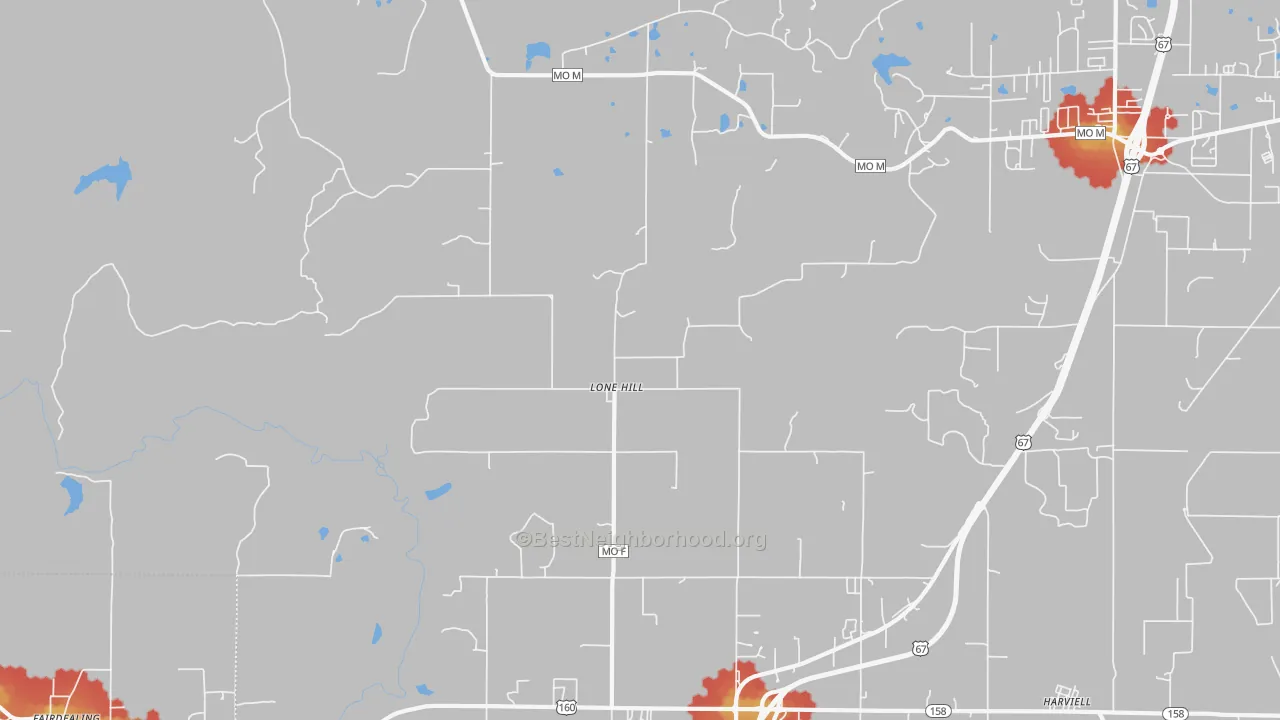 Walk Grade map of Lone Hill, MO, walkable areas in green and car-dependent areas in red