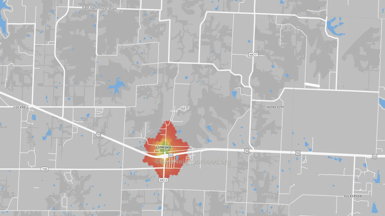 Walk Grade map of Lone Jack, MO, walkable areas in green and car-dependent areas in red