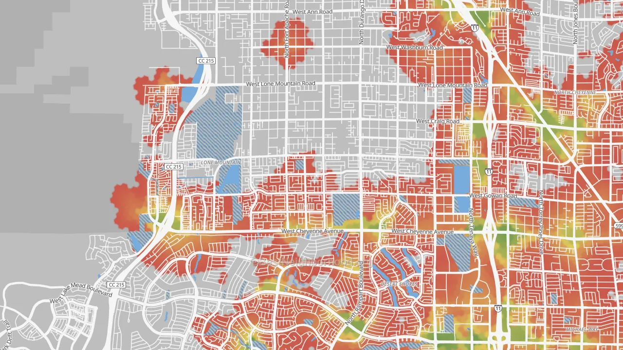 Walk Grade map of Lone Mountain, Las Vegas, NV, walkable areas in green and car-dependent areas in red