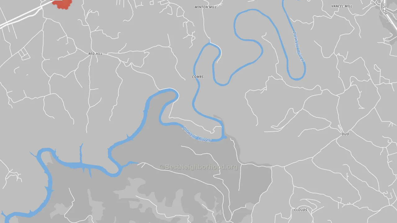 Walk Grade map of Lone Mountain, TN, walkable areas in green and car-dependent areas in red