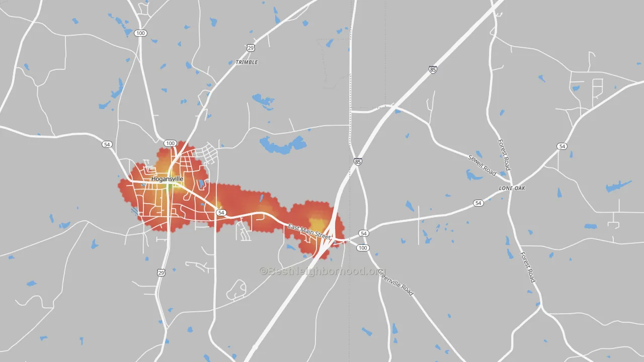 Walk Grade map of Lone Oak, GA, walkable areas in green and car-dependent areas in red
