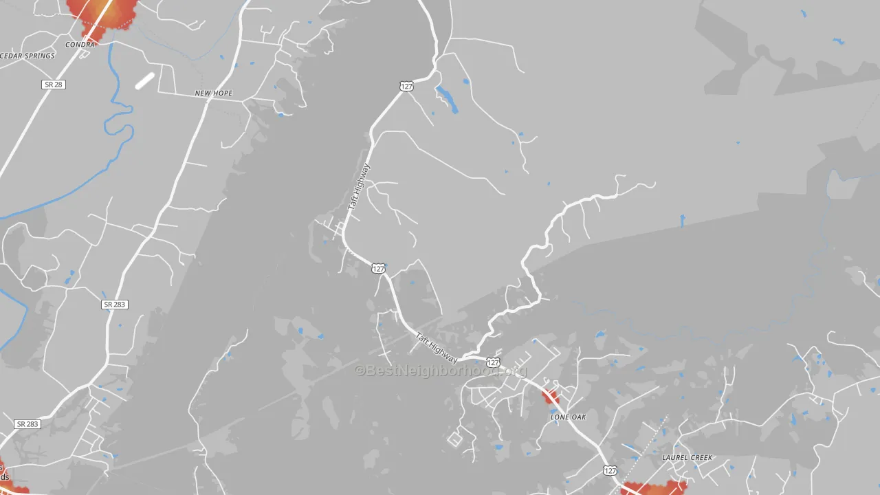 Walk Grade map of Lone Oak, TN, walkable areas in green and car-dependent areas in red
