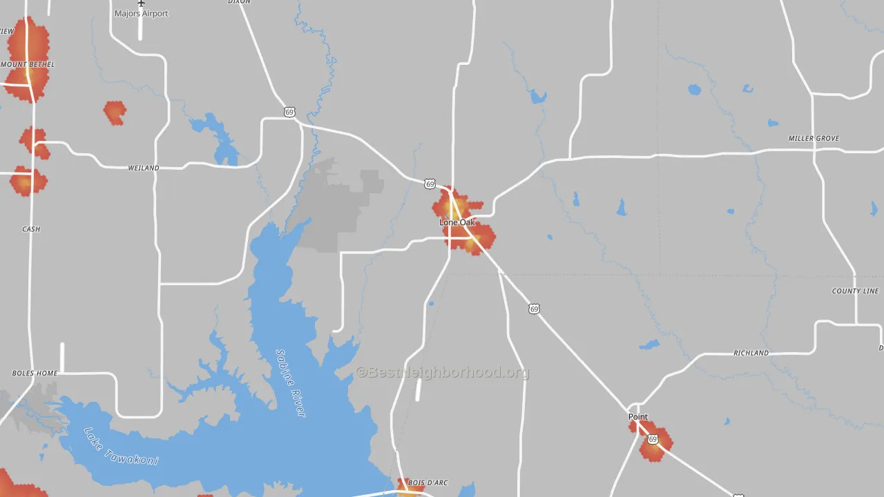 Walk Grade map of Lone Oak, TX, walkable areas in green and car-dependent areas in red