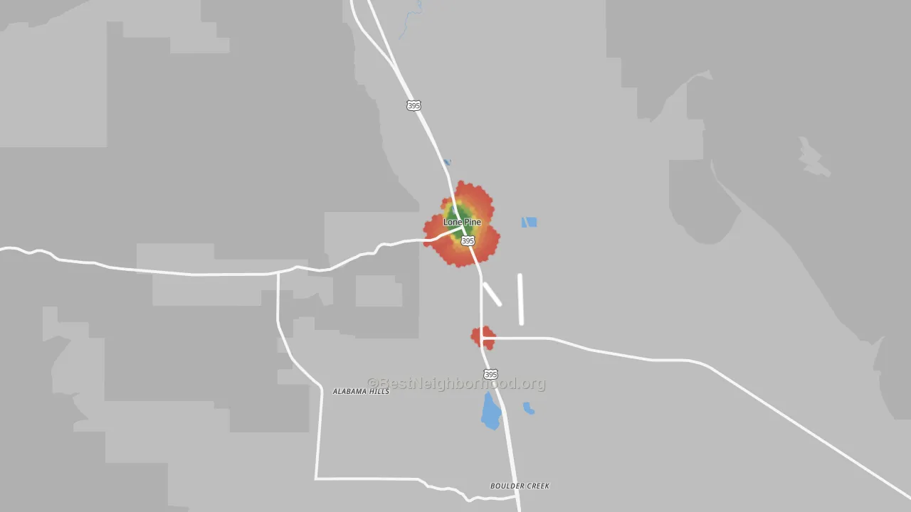 Walk Grade map of Lone Pine, CA, walkable areas in green and car-dependent areas in red
