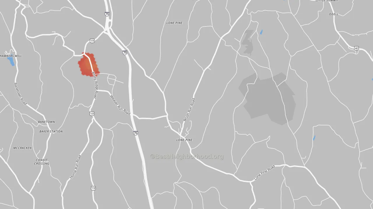 Walk Grade map of Lone Pine, PA, walkable areas in green and car-dependent areas in red