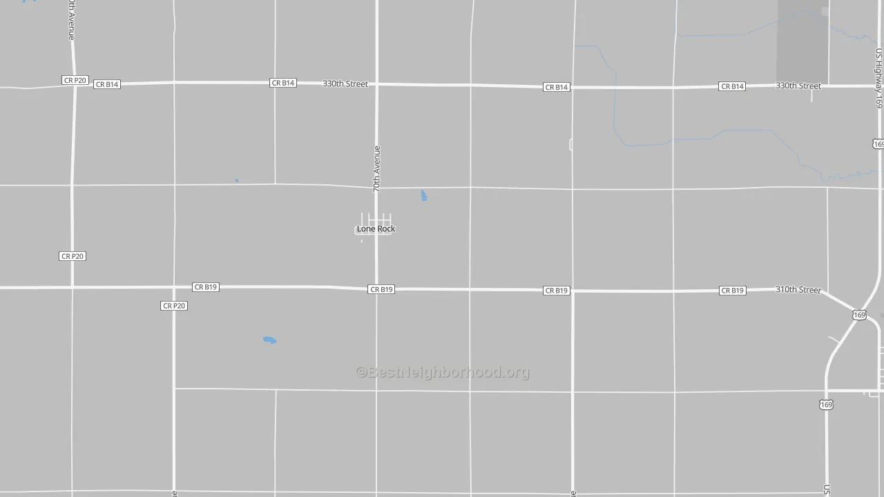 Walk Grade map of Lone Rock, IA, walkable areas in green and car-dependent areas in red