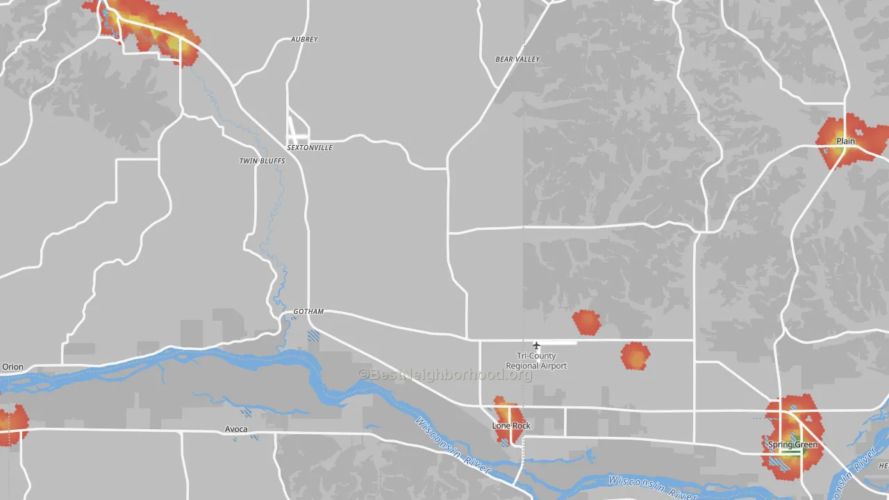 Walk Grade map of Lone Rock, WI, walkable areas in green and car-dependent areas in red