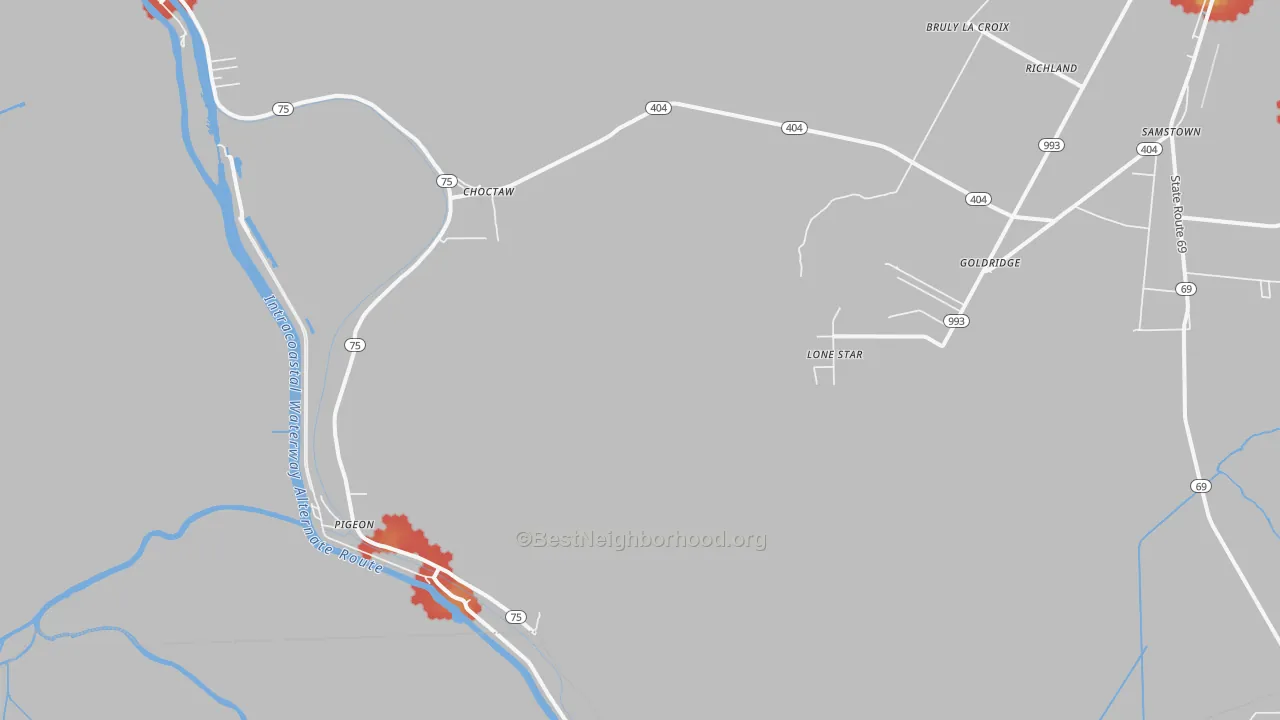 Walk Grade map of Lone Star, LA, walkable areas in green and car-dependent areas in red