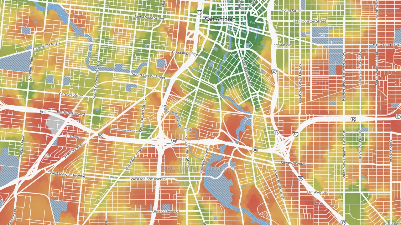 Walk Grade map of Lone Star, San Antonio, TX, walkable areas in green and car-dependent areas in red