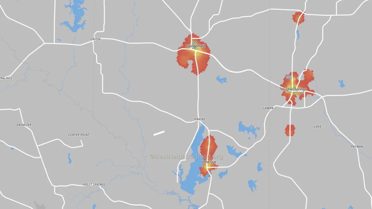 Walk Grade map of Lone Star, TX, walkable areas in green and car-dependent areas in red