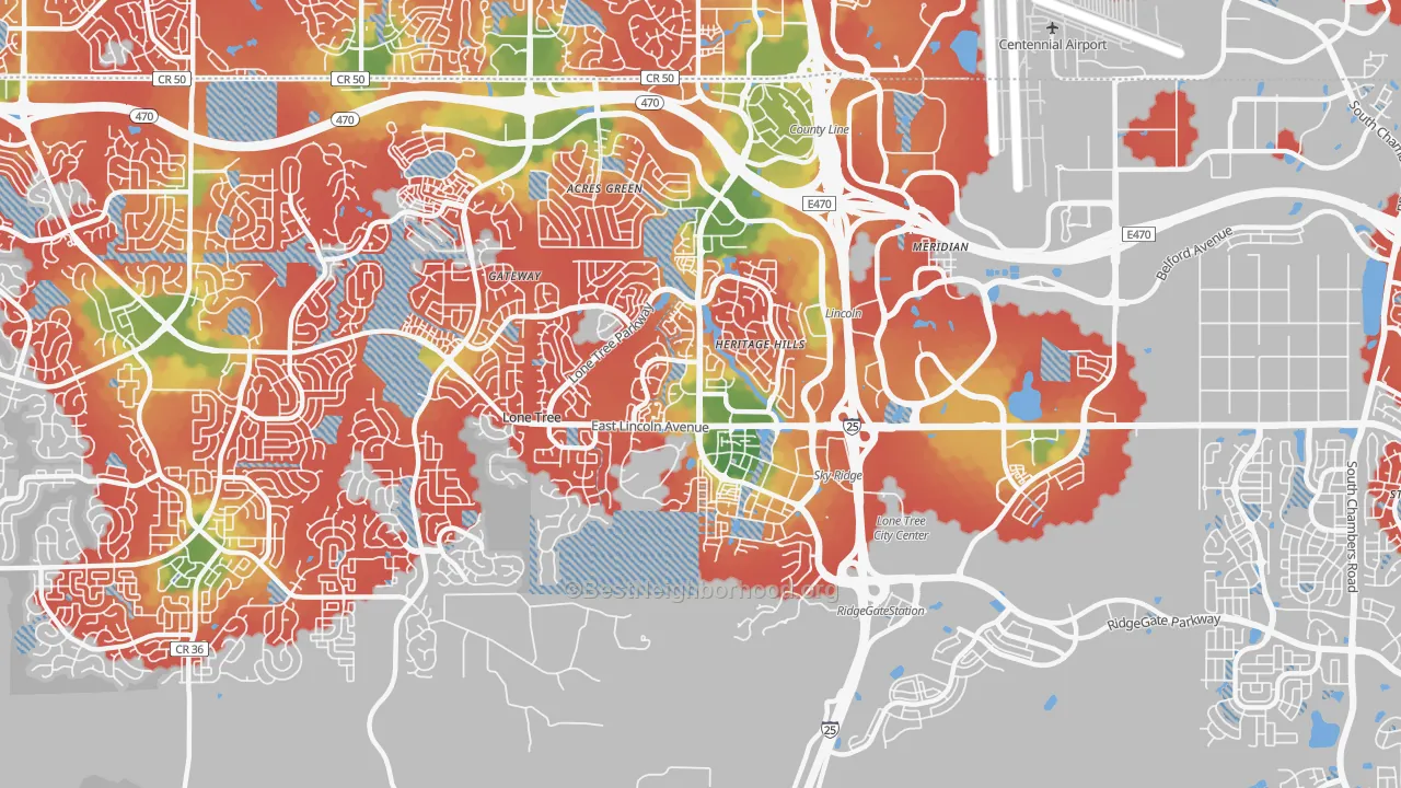 Walk Grade map of Lone Tree, CO, walkable areas in green and car-dependent areas in red