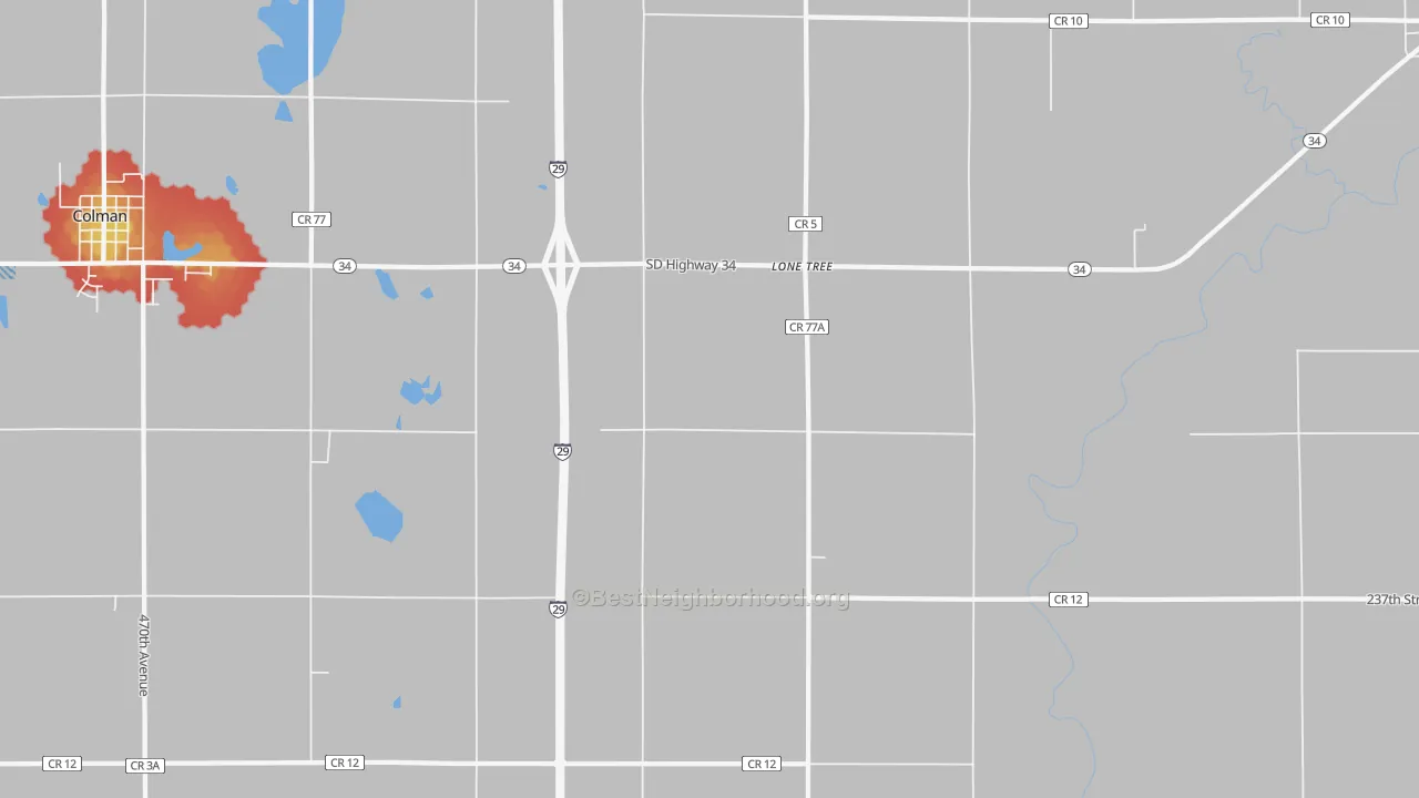 Walk Grade map of Lone Tree, SD, walkable areas in green and car-dependent areas in red