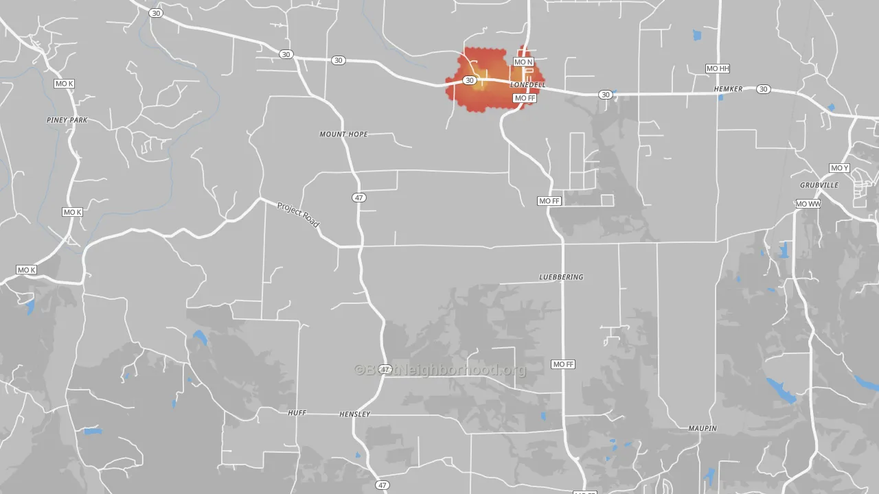 Walk Grade map of Lonedell, MO, walkable areas in green and car-dependent areas in red