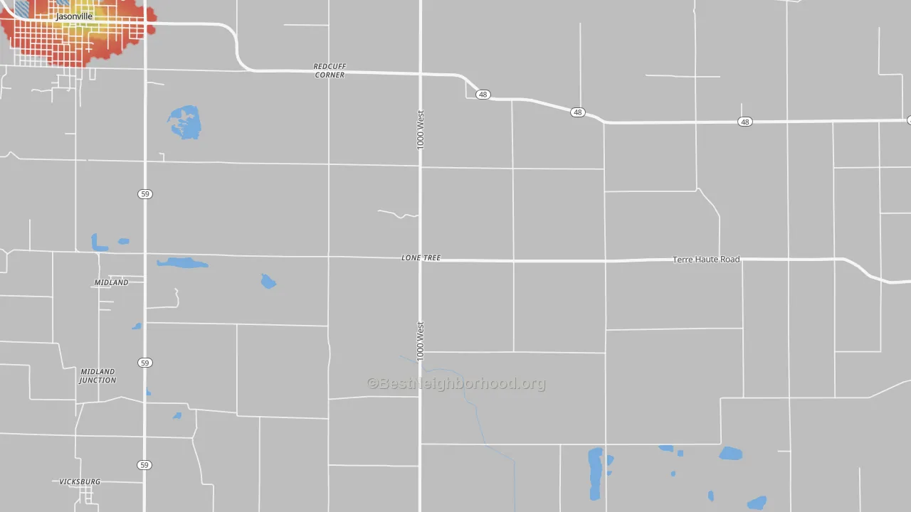 Walk Grade map of Lonetree, IN, walkable areas in green and car-dependent areas in red