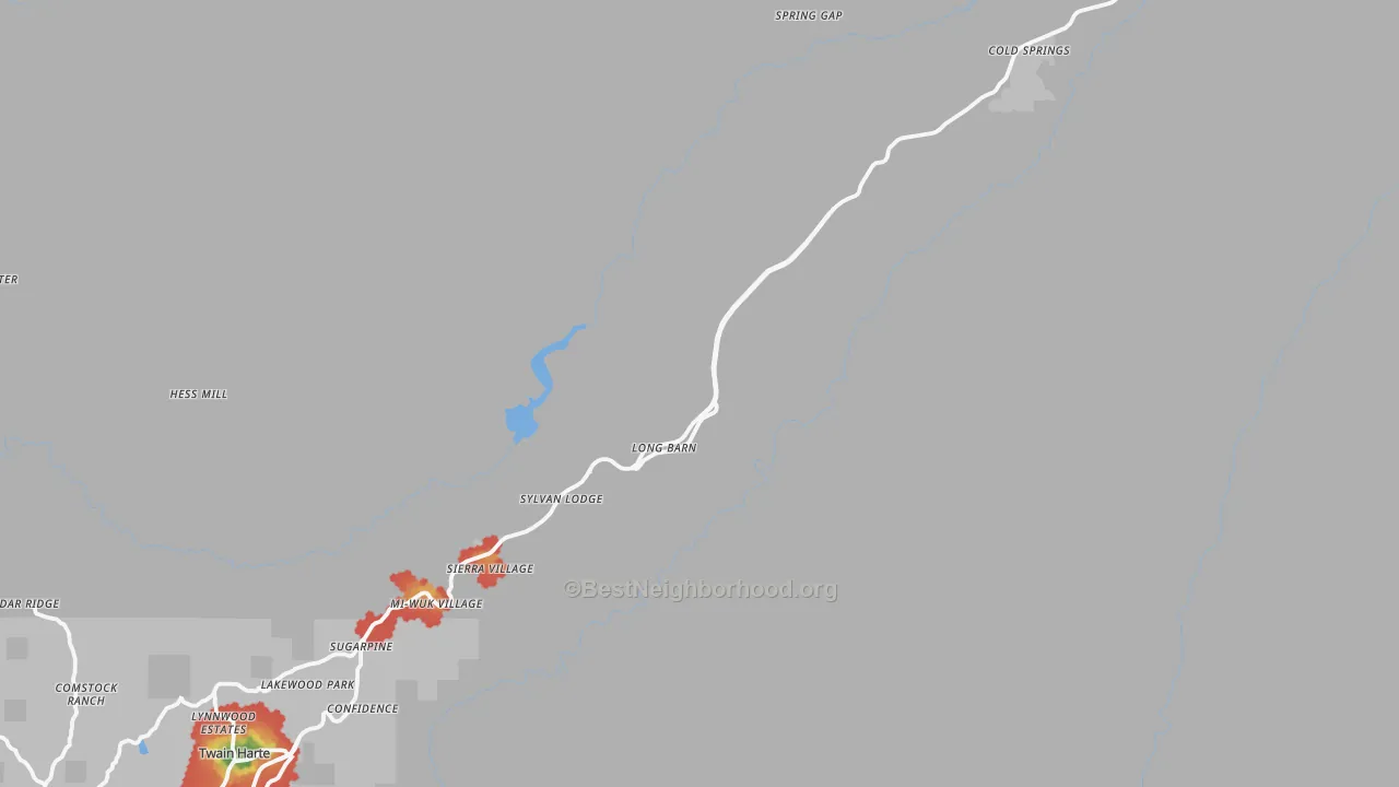 Walk Grade map of Long Barn, CA, walkable areas in green and car-dependent areas in red