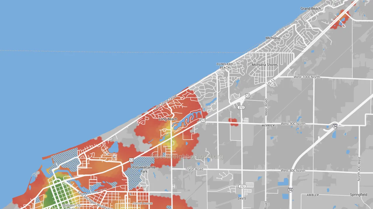 Walk Grade map of Long Beach, IN, walkable areas in green and car-dependent areas in red