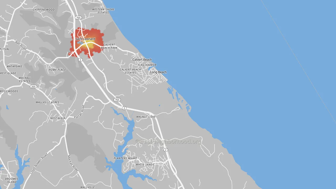 Walk Grade map of Long Beach, MD, walkable areas in green and car-dependent areas in red