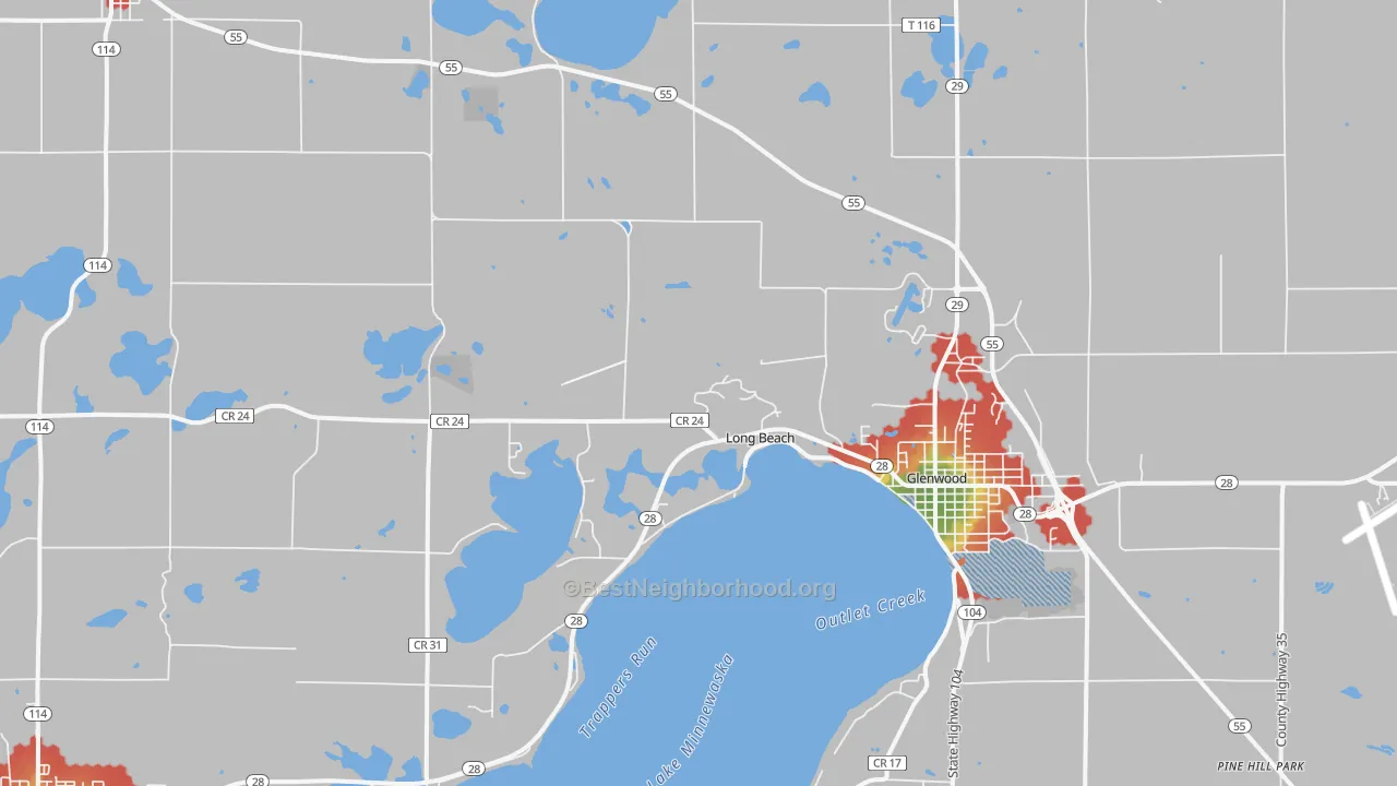Walk Grade map of Long Beach, MN, walkable areas in green and car-dependent areas in red