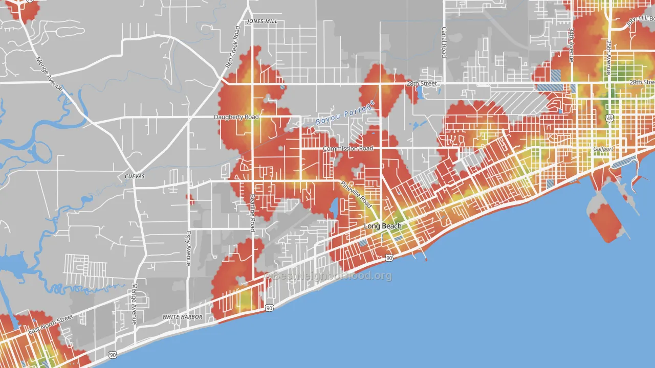 Walk Grade map of Long Beach, MS, walkable areas in green and car-dependent areas in red