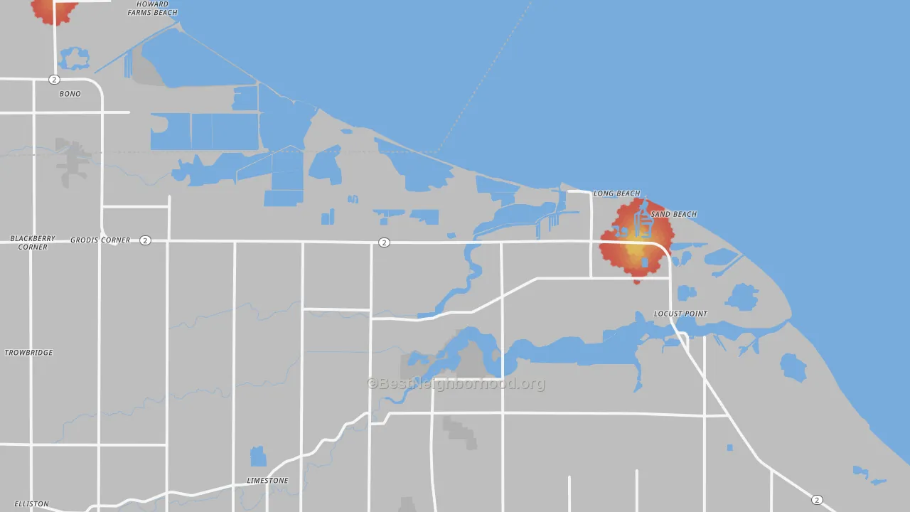 Walk Grade map of Long Beach, OH, walkable areas in green and car-dependent areas in red