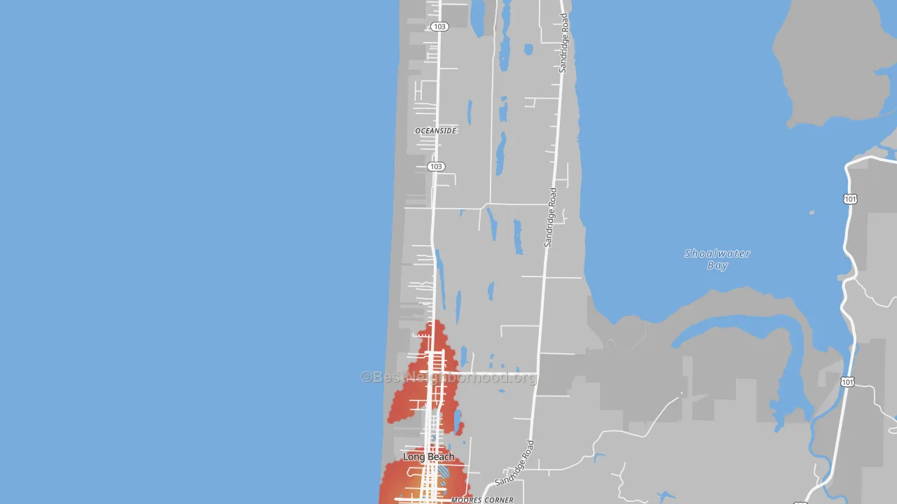 Walk Grade map of Long Beach, WA, walkable areas in green and car-dependent areas in red