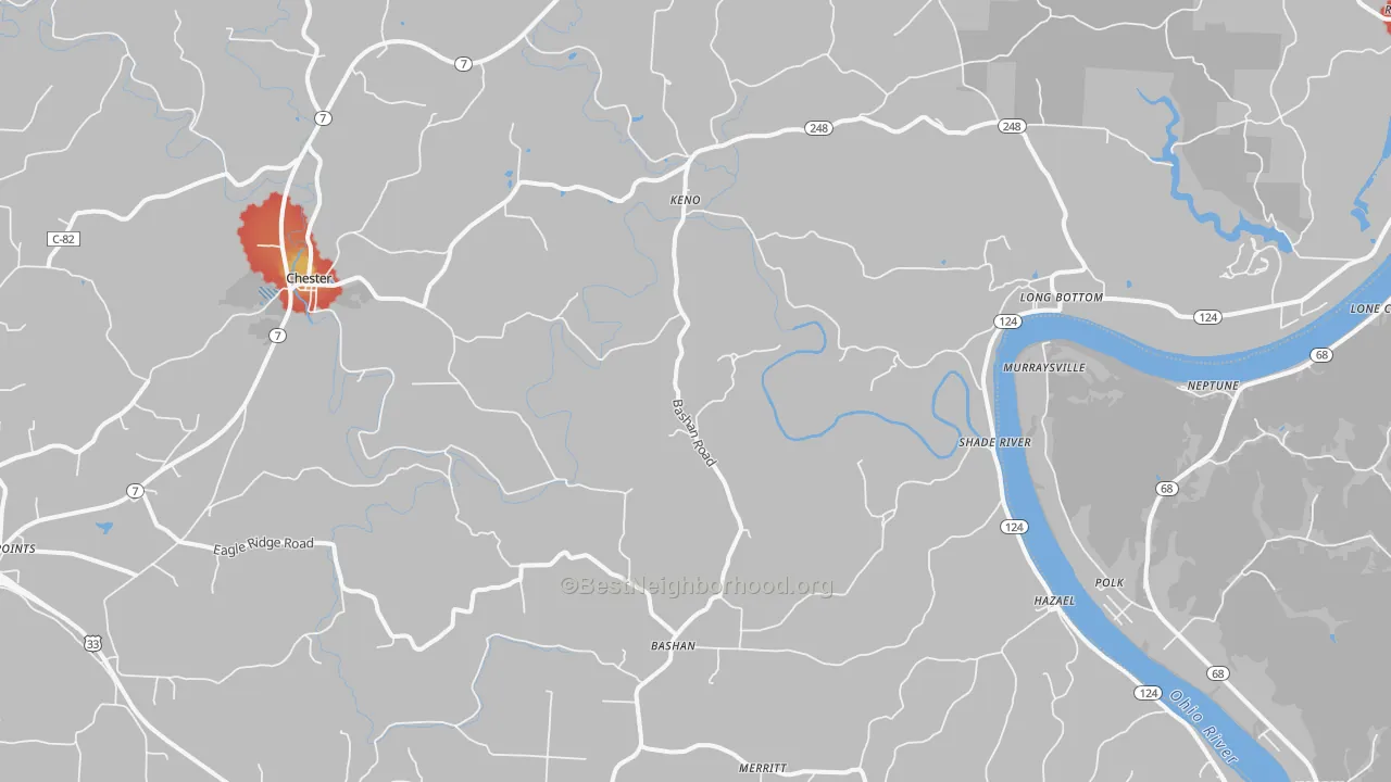 Walk Grade map of Long Bottom, OH, walkable areas in green and car-dependent areas in red