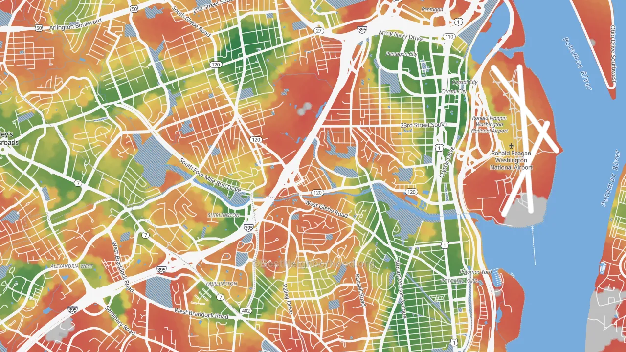 Walk Grade map of Long Branch Creek, Arlington, VA, walkable areas in green and car-dependent areas in red