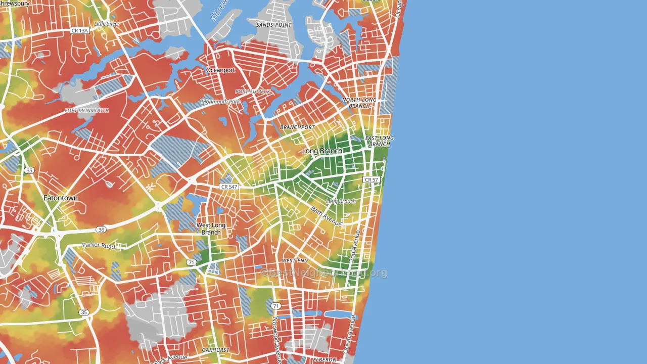 Walk Grade map of Long Branch, NJ, walkable areas in green and car-dependent areas in red