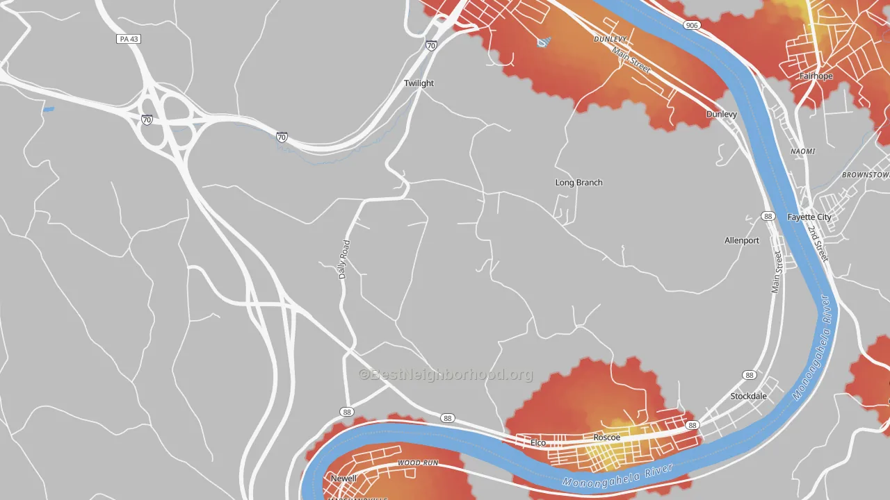 Walk Grade map of Long Branch, PA, walkable areas in green and car-dependent areas in red
