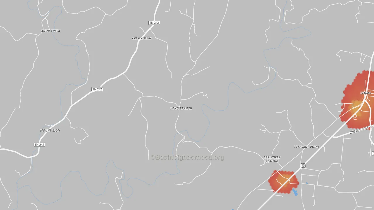 Walk Grade map of Long Branch, TN, walkable areas in green and car-dependent areas in red
