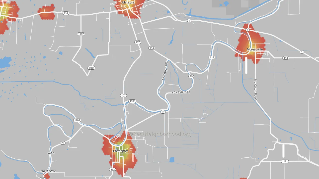 Walk Grade map of Long Bridge, LA, walkable areas in green and car-dependent areas in red