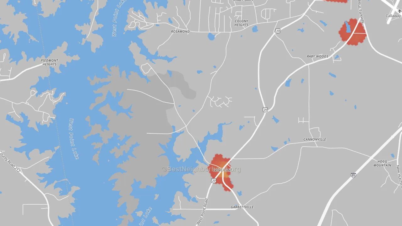 Walk Grade map of Long Cane, GA, walkable areas in green and car-dependent areas in red