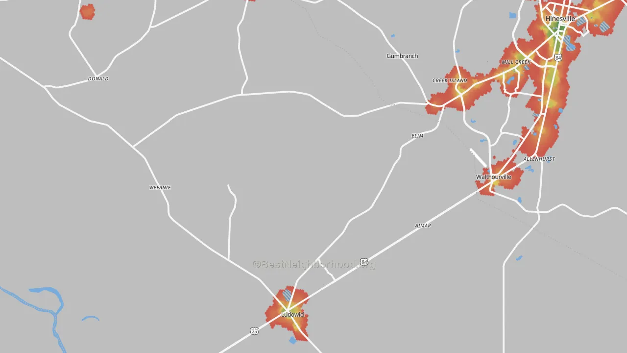 Walk Grade map of Long County, GA, walkable areas in green and car-dependent areas in red