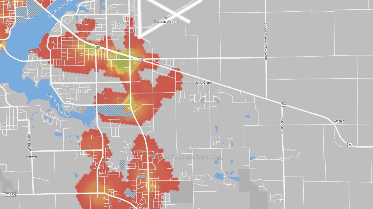 Walk Grade map of Long Creek, IL, walkable areas in green and car-dependent areas in red