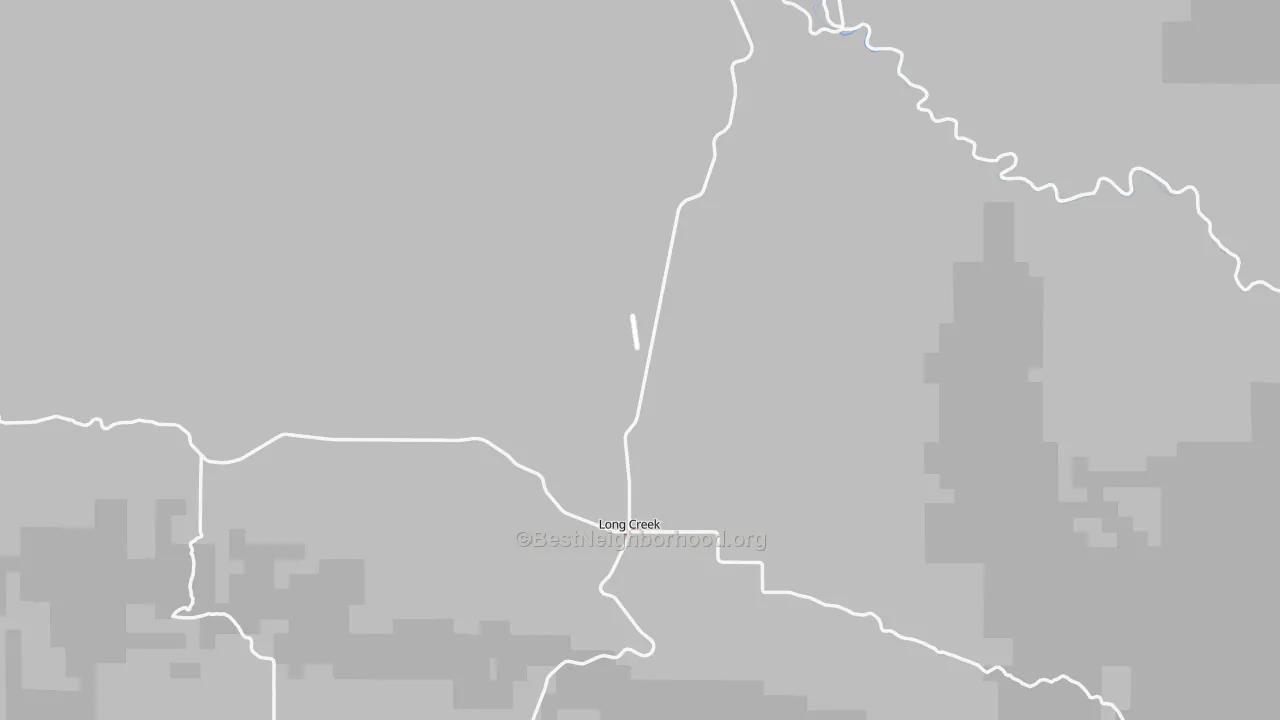 Walk Grade map of Long Creek, OR, walkable areas in green and car-dependent areas in red