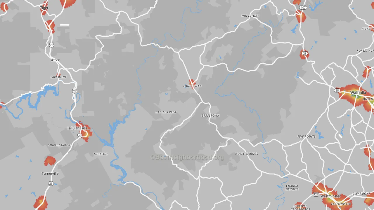 Walk Grade map of Long Creek, SC, walkable areas in green and car-dependent areas in red