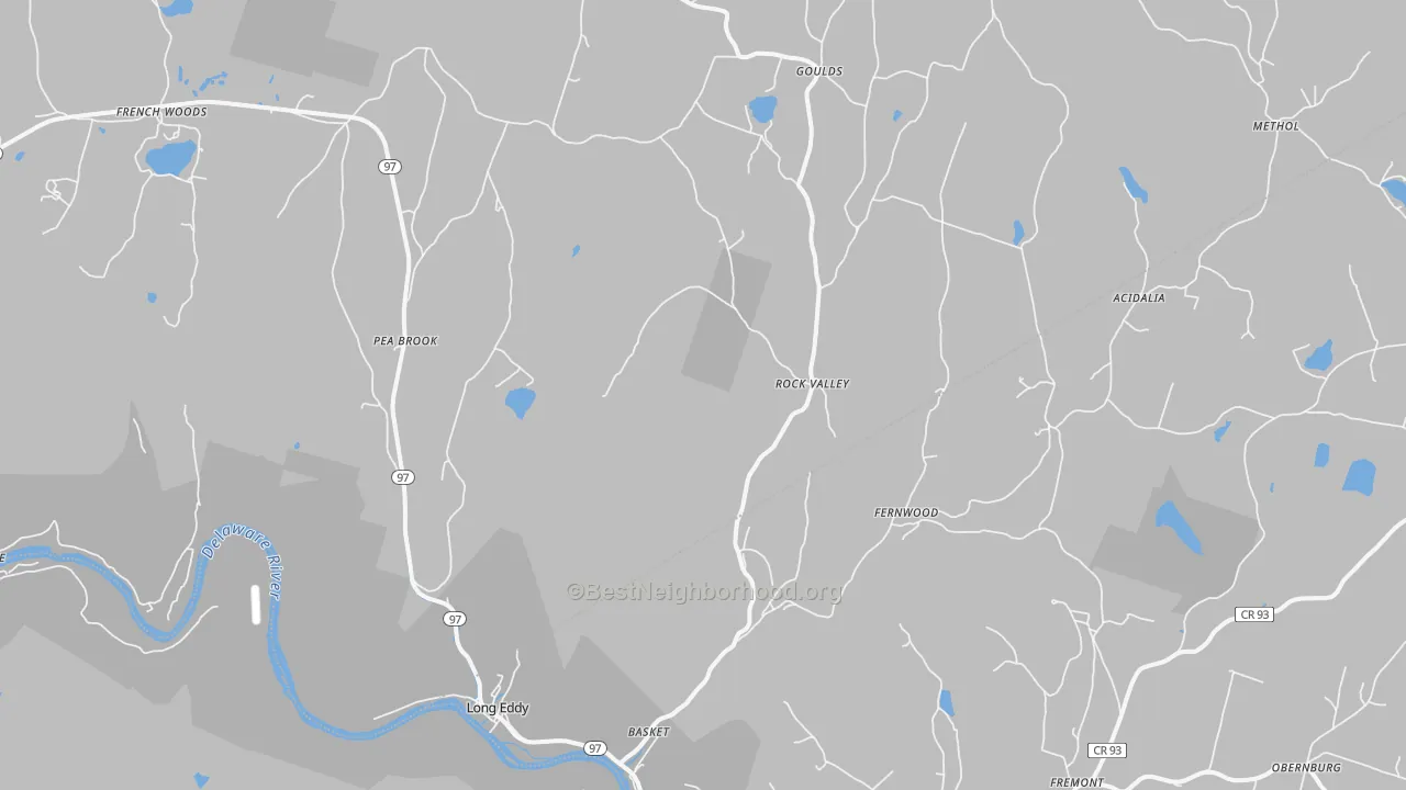 Walk Grade map of Long Eddy, NY, walkable areas in green and car-dependent areas in red