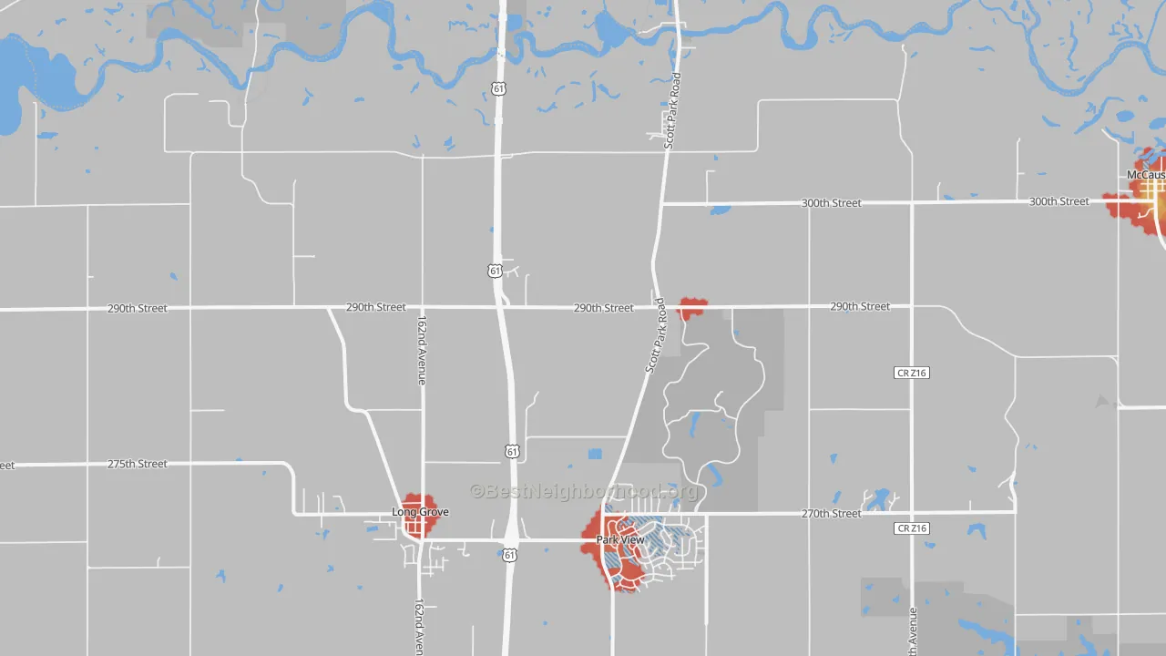 Walk Grade map of Long Grove, IA, walkable areas in green and car-dependent areas in red