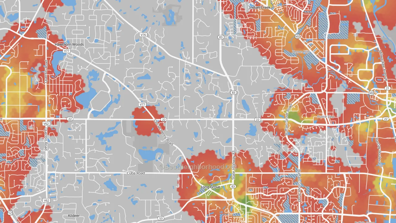 Walk Grade map of Long Grove, IL, walkable areas in green and car-dependent areas in red