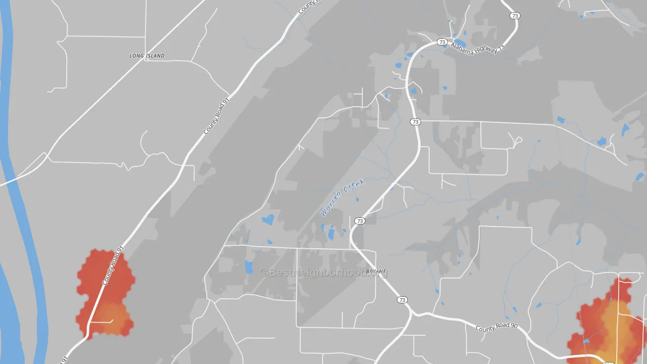 Walk Grade map of Long Island, AL, walkable areas in green and car-dependent areas in red